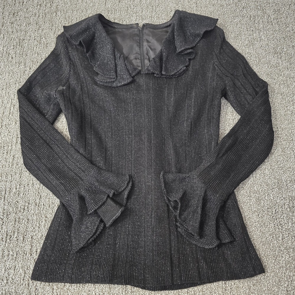 Vintage Black Metallic Knit Top Ruffle Collar Bell Sleeve 70s Style Goth